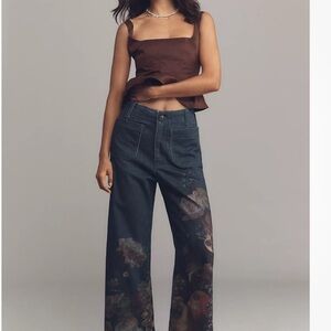 NWT Anthropologie Dark Blue Floral Wide Leg Jeans